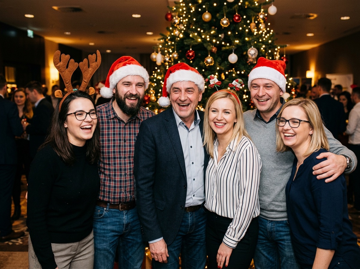 A company team in a photo from the booth