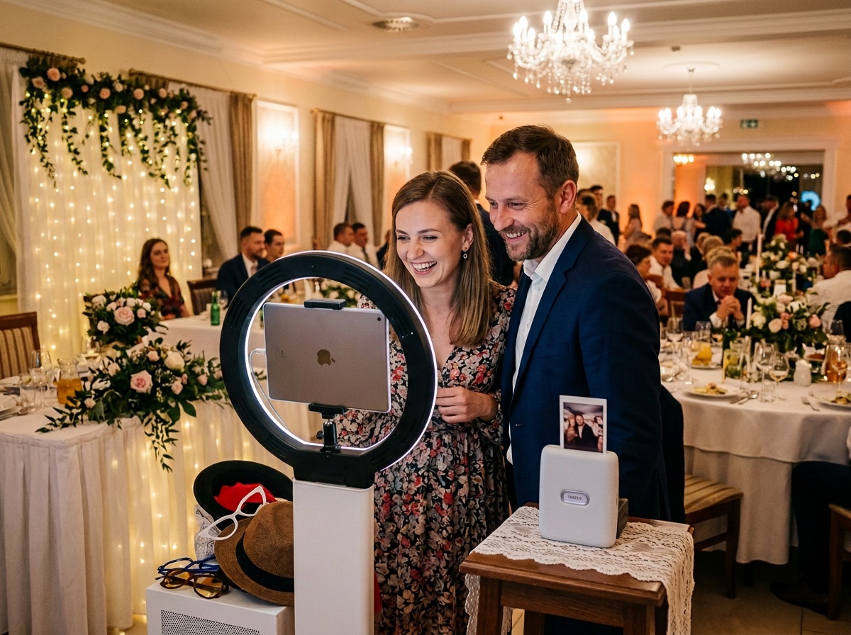 The photo booth set up at a wedding venue